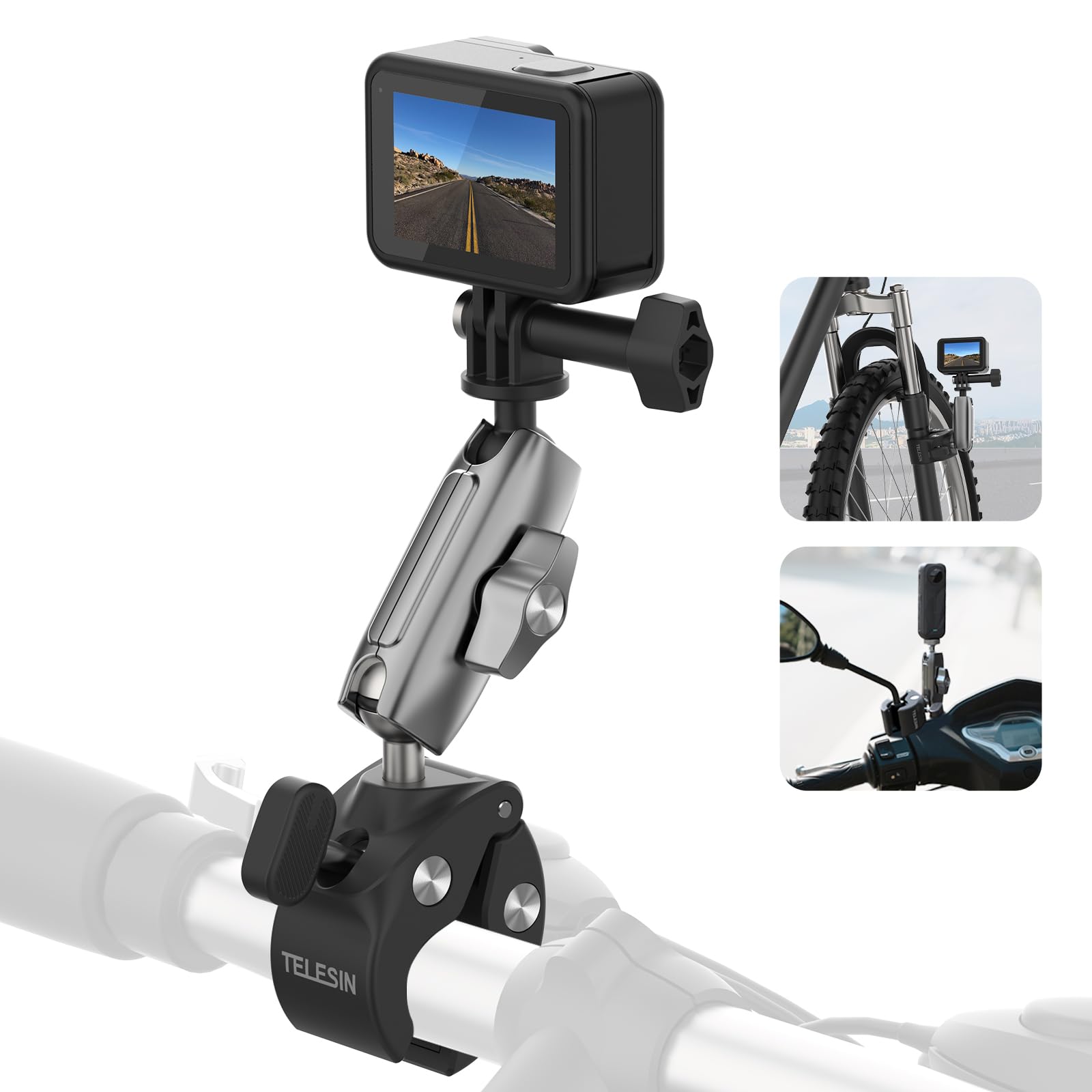 

TELESIN Camera Mount for Motorcycles and Camera Aluminum Super Action Camera GoPro Pipe Shooting Compatible with DJI Osmo Digital Android and LCD