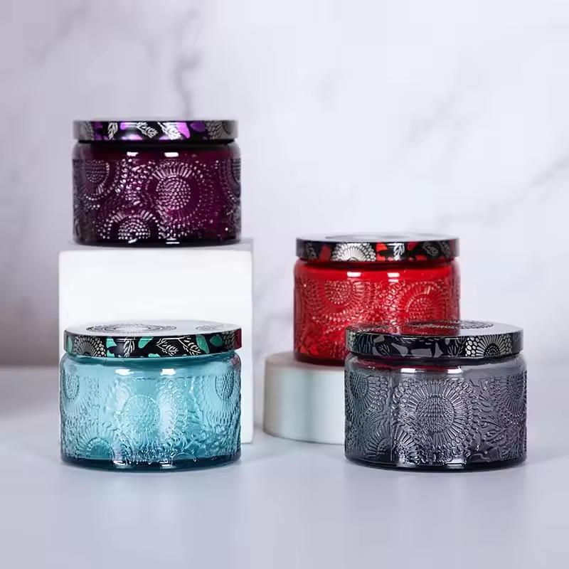 4oz Romantic Embossed Glass Candle Holder Jar Lid Handmade Empty Glass Container Home Office Christmas Decoration Printed