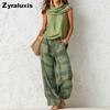 New Retro Casual Fashion Women's Sleeveless Top and Plaid Pants Set