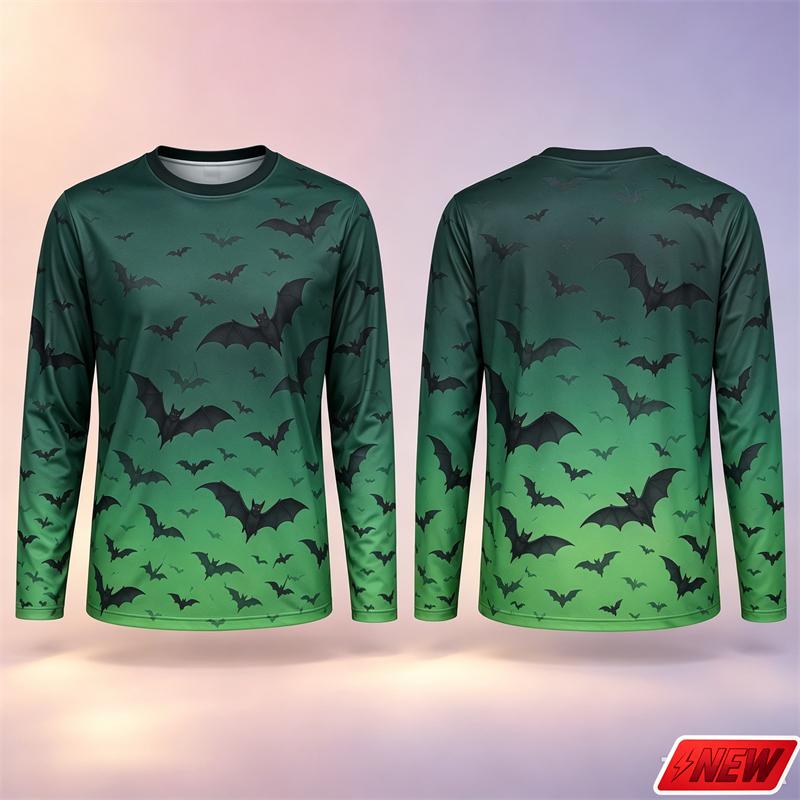 Gothic Bat Pattern Long Sleeve T Shirt Men Halloween 3D Print Gradient Horror Sky Flying Bat Tee Casual Quick Dry New Top Unisex
