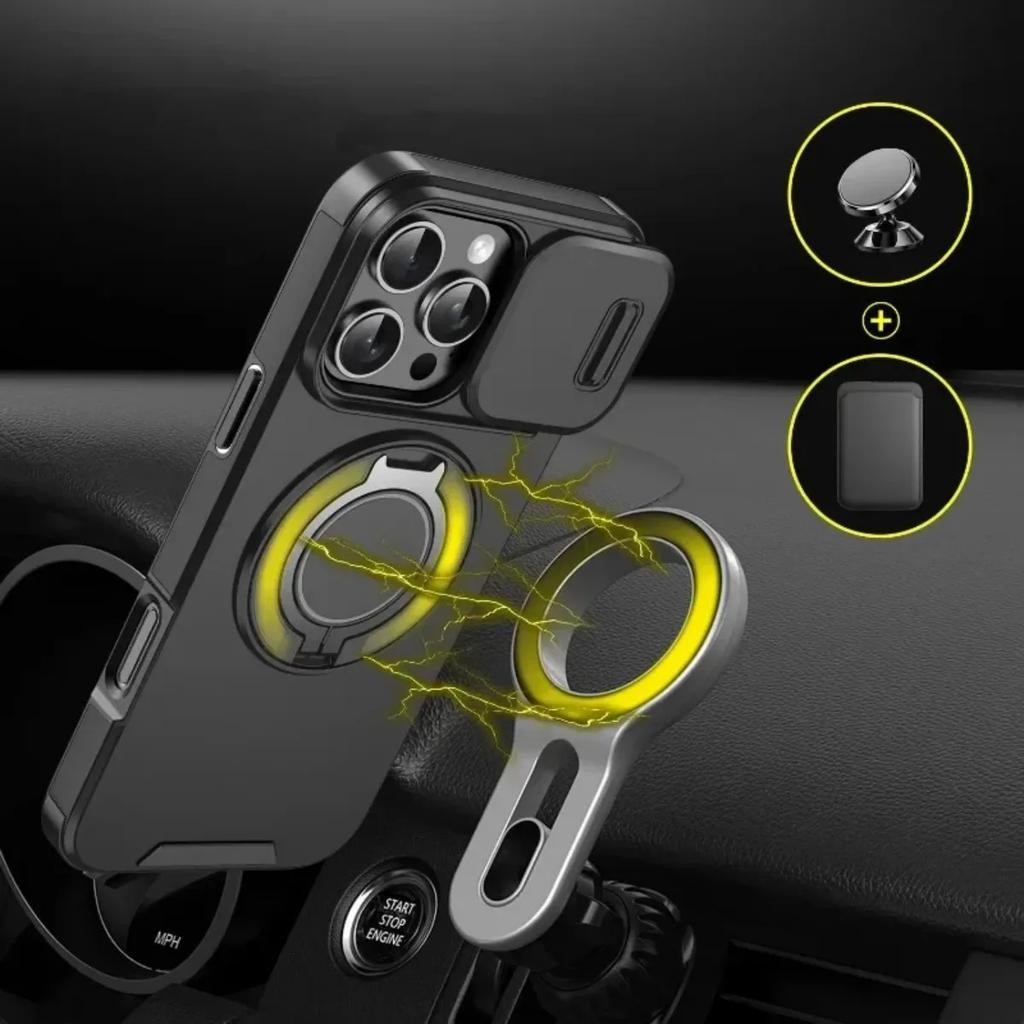 New Armor Magnetic Bracket Cases for iPhone 16 14 13 12 11 15 Pro Max Plus With Lanyard Slide Camera Protection Shockproof Cover