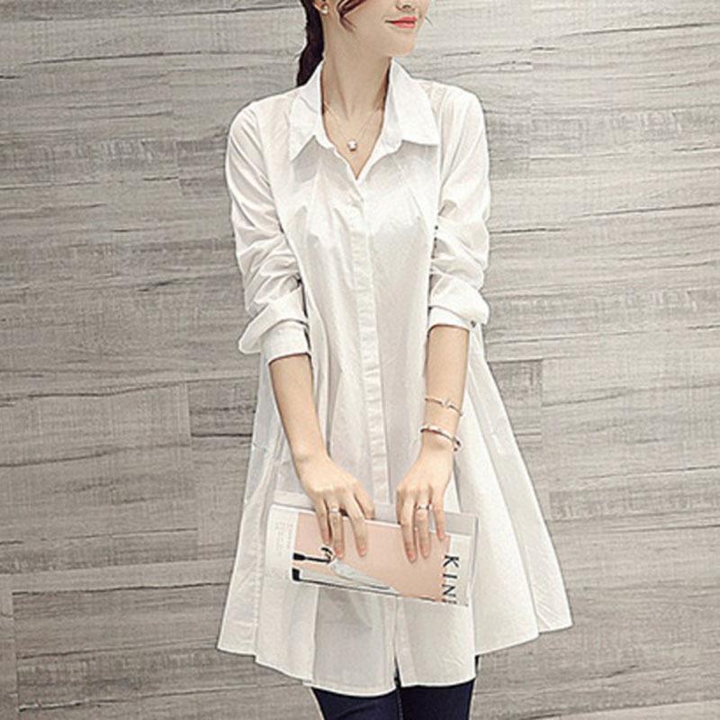 Women's Long White Shirt Spring/Autumn New Korean Large Loose Long Sleeve Shirt