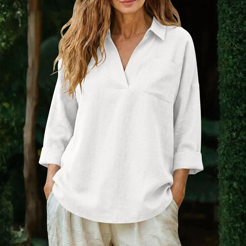 Women's Loose-Fit Cotton-Linen V-Neck Long-Sleeve Shirt With Pockets – -Color Casual Top