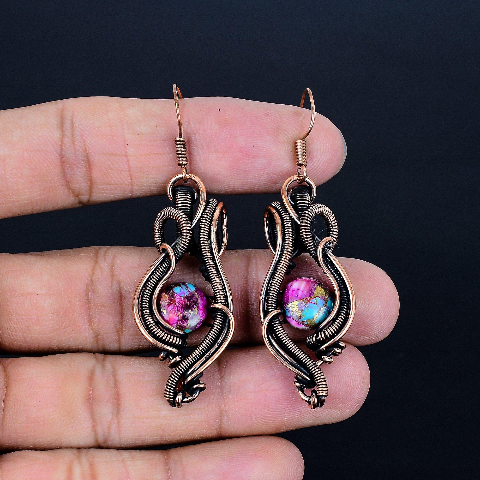 

Pink Spiny Oyster Earrings, Gemstone Handmade 999 Copper Wire Wrap Jewelry Earrings, For Memorial Gift 2.48 Inches розовый