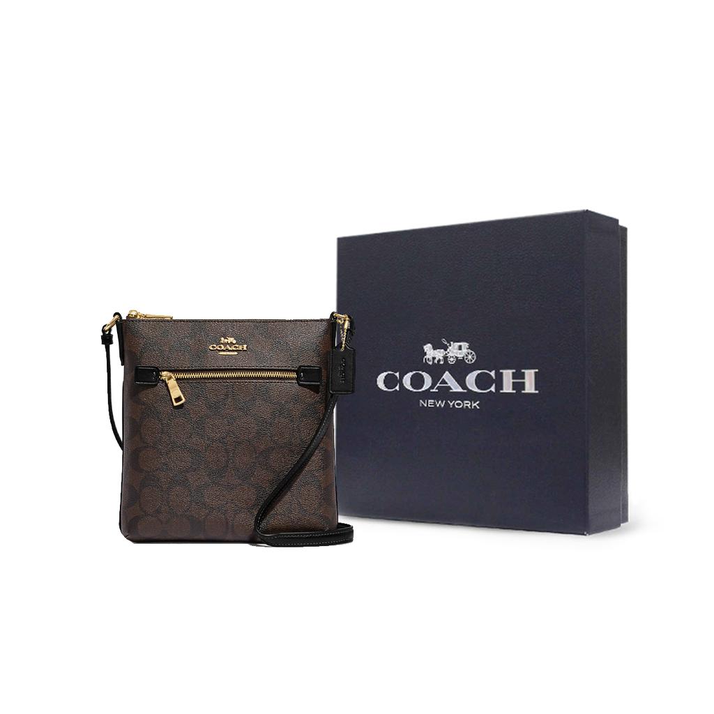 New COACH Rowan Coated Canvas With Smooth Leather Document Bag, Shoulder Bag, Crossbody Bag Mini Women's Brown Black CF340-IMAA8