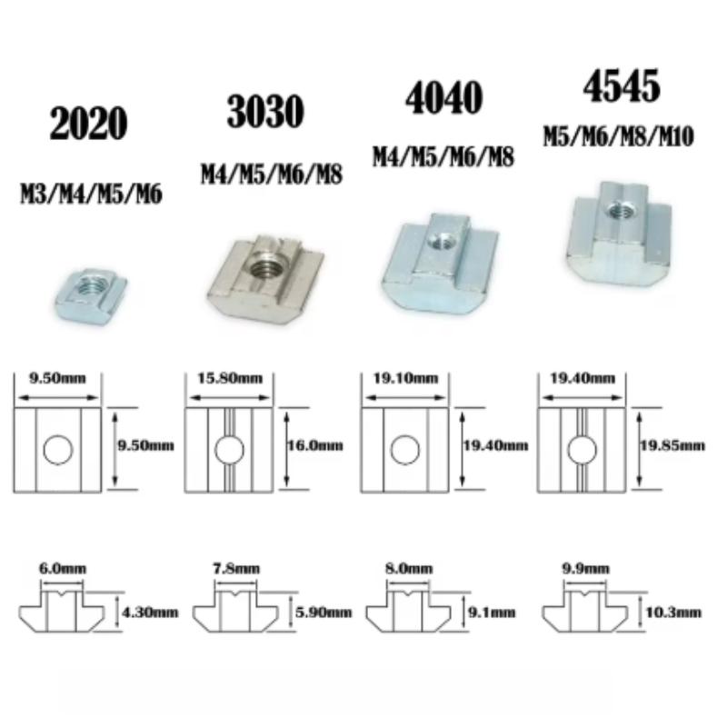 10pcs/set T-Track Sliding Hammer Nut T Block Square Nut Standard Ship Type Nut Screw M3 M4 M5 M6 Automotive Components