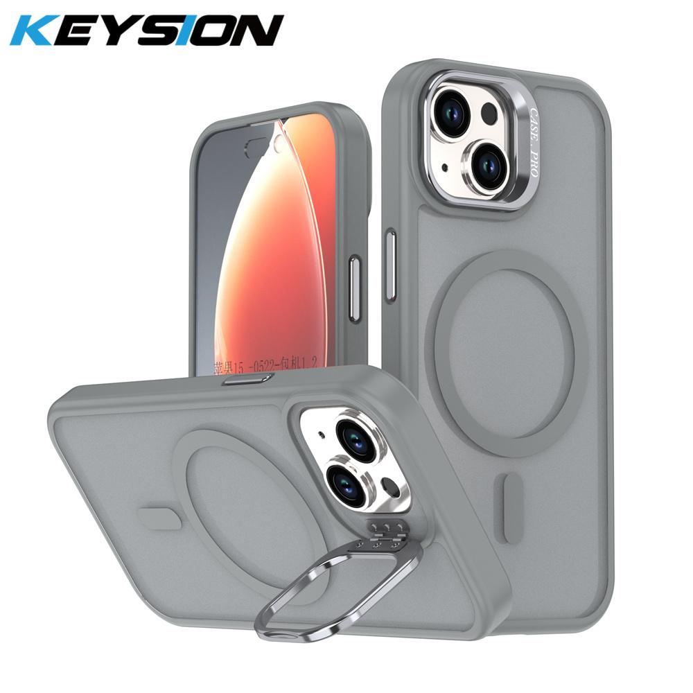 KEYSION Lens Stand Magnetic Phone Case for MagSafe for iPhone 13 14 15 Pro Max 15 Plus Matte Translucent Shockproof Back Cover
