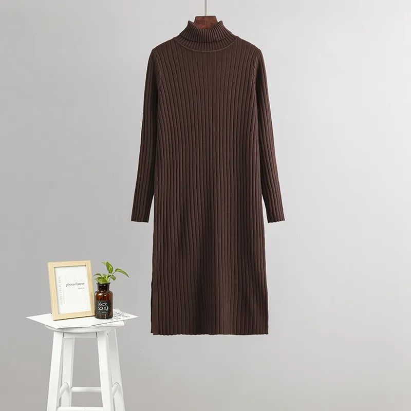 Cross-Border Knitted Base Dress Women Inner wear Autumn and Winter New High Collar Mid-Length Temperament Sweater Long dress over the Knee