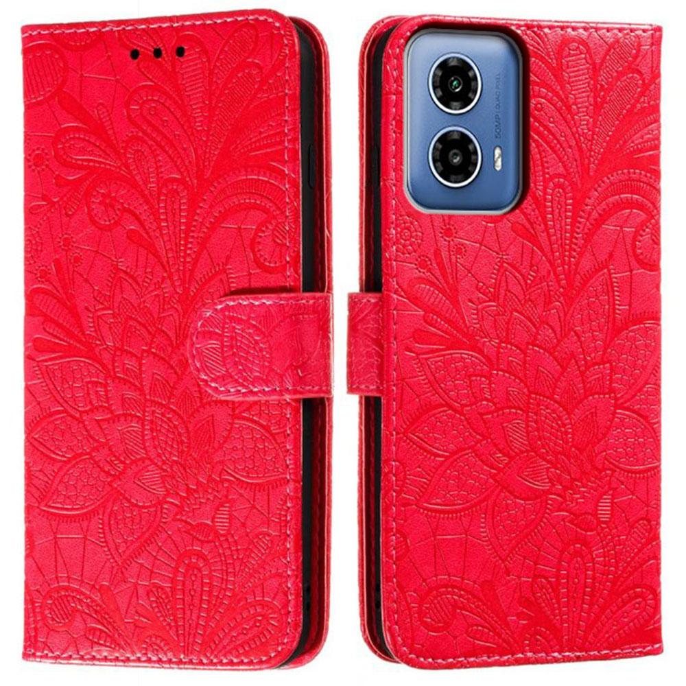 Priekš Motorola Moto G34 5G Maciņš Mežģīņu Ziedi PU Āda Atlokāms Maks Telefona Vāciņš