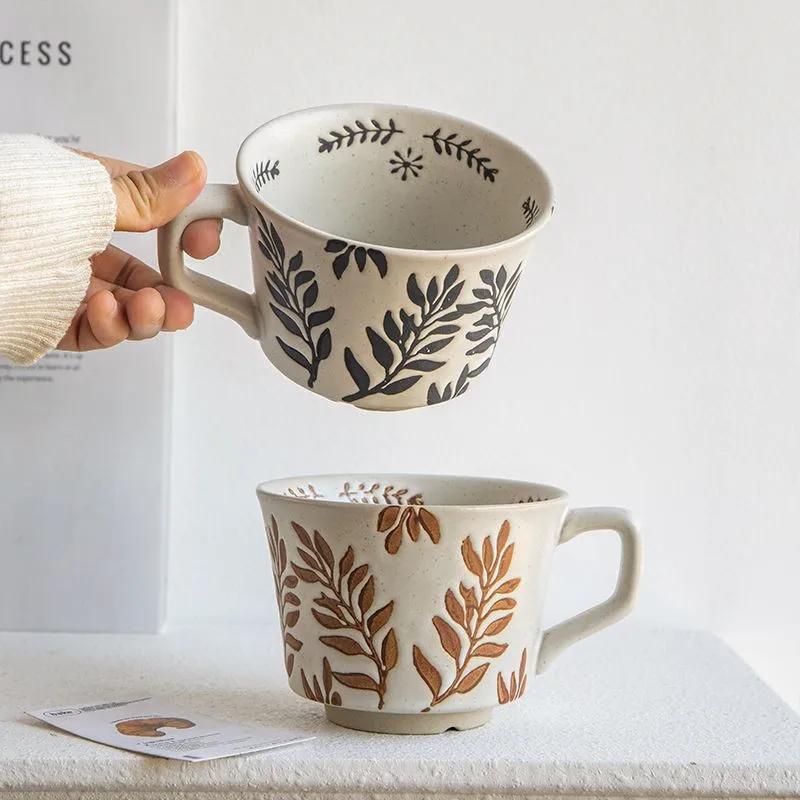 375ml Hand Drawn Ceramic Mug for Coffee Exquisite Home Breakfast Oatmeal Cup Water Tumbler Teacup Christmas Gift