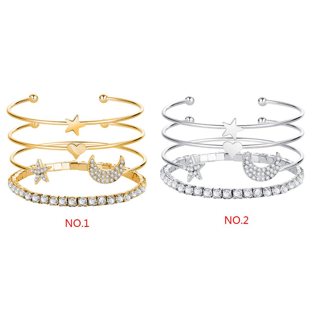 4Pcs/set Adjustable Cuff Bracelet Layered Moon Stars Bangle Bracelet Women Crystal Wristband