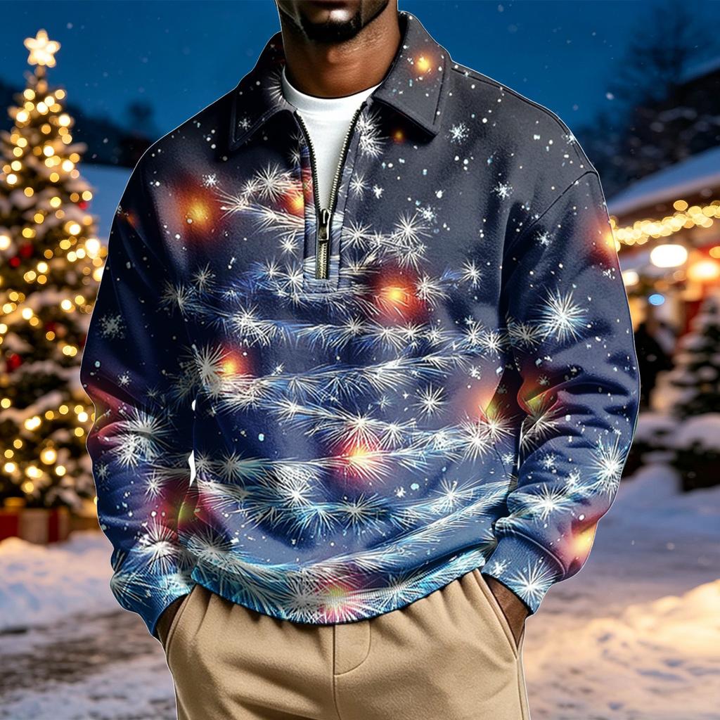 Men's Casual Christmas Print Quarter-Zip Sweatshirt with Collar
