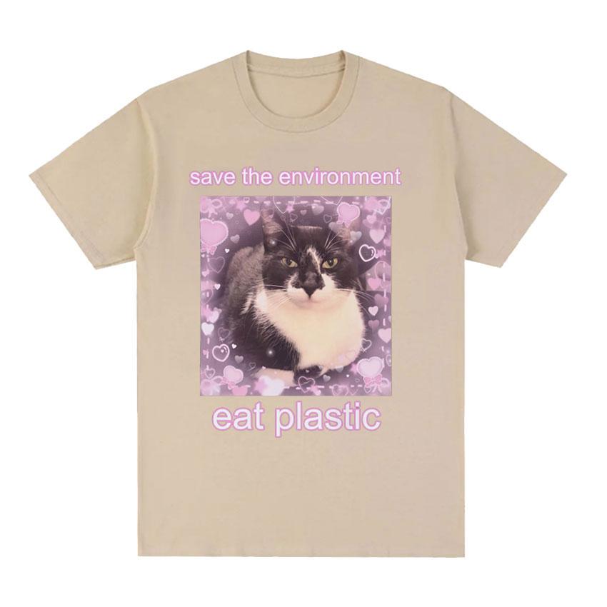 2025 Summer Save The EnvironUnisext Eat Plastic Cute Cat Graphic T Shirt Funny Unisex Women ONeck 100 Pure Cotton Printed Tshirt