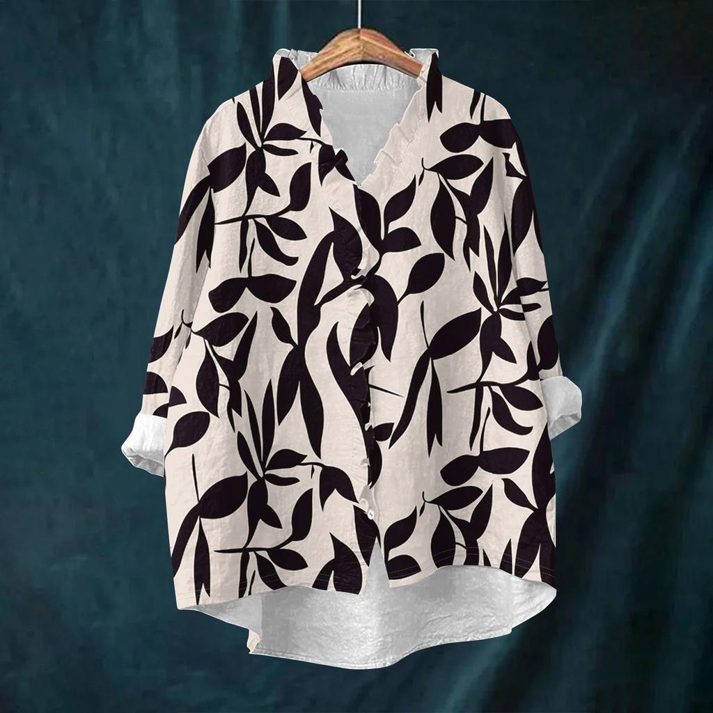 Women's Loose Ruffled Retro Floral Print Stand Collar Long Sleeve Cotton And Linen Top