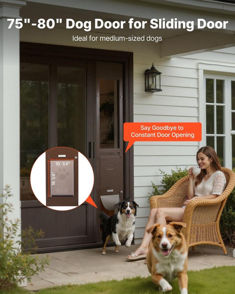 Dog Door for Sliding Glass Door, 1927 mm to 2040 mm Adjustable Height, Aluminum Alloy Frame with Rotating Hinges, Lock Design, 260.4 x 412.8 mm Flap,