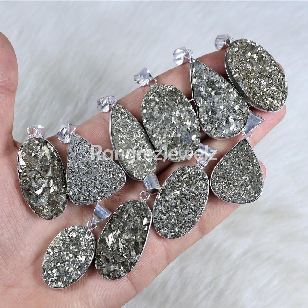 Pyrite Druzy Pendant Sterling Silver Pendant Rough Pyrite Pendant Bezel Pendant Mix Shape Pyrite Gemstone Pendant Gold Pyrite Necklace Jewelry