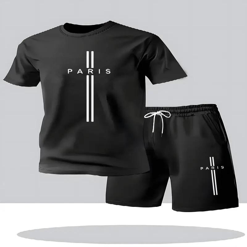 New Minimalist Solid-Color Paris Letter Print T-Shirt and Shorts Two-Piece Set Summer Plus-Size Athletic Men's Short-Sleeve Set