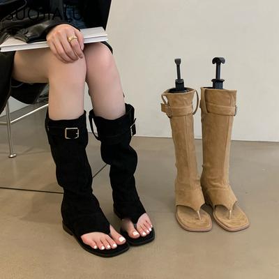 Fashion SUOJIALUN 2025 Autumn Women Loog Boot Fashion Open Toe Ladies Elegant Sandal Brand Wedge Heel Ladies Outdoor Knee High Boots