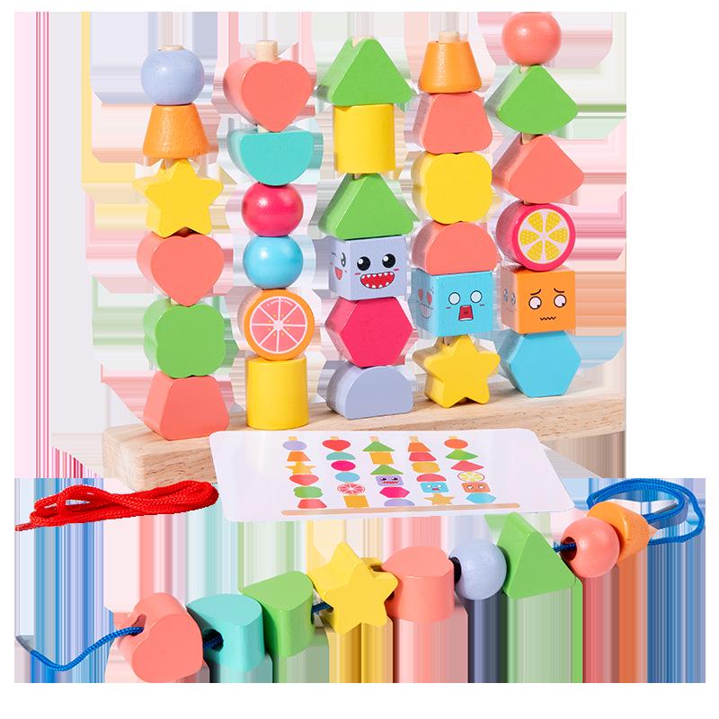Children's Montessori Wooden Geometric Shape Set: Beaded Building Blocks for Shape Recognition and Early Education.