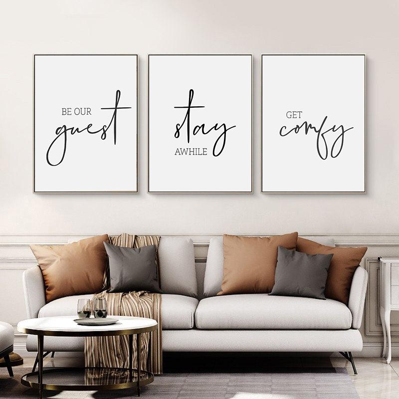 Be Our Guest Stay Awhile Get Comfy Letter Picture Minimalism Wall Art Canvas Print Poster for Hotel Living Bed Room Home Decor