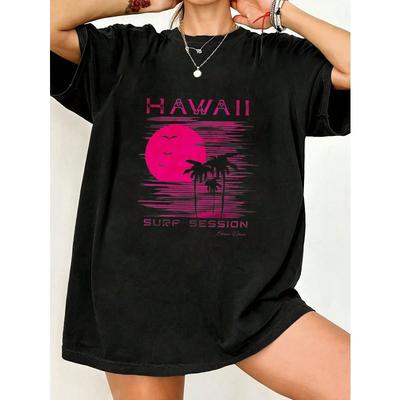 Oversized T Shirt Black Hawaii Surf Session Palm Trees And Sunset Graphic Print Summer Beach Wear