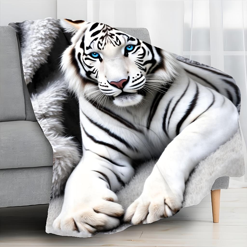 Luxurious White Tiger Print Plush Throw Blanket for Sofa Couch Bedding Home Decor Cozy Winter Gift Wildlife Jungle Style
