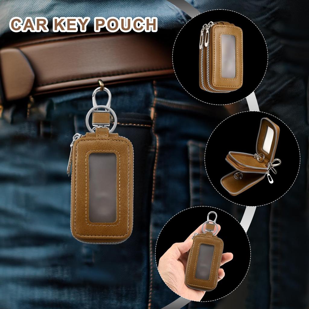Double Khaki Key Fob Case Leather RFID Smart Keychain Key Holder with Metal Hook Key Ring Zipper Bag for Remo Conkey Fob Khaki Key [uxcell]
