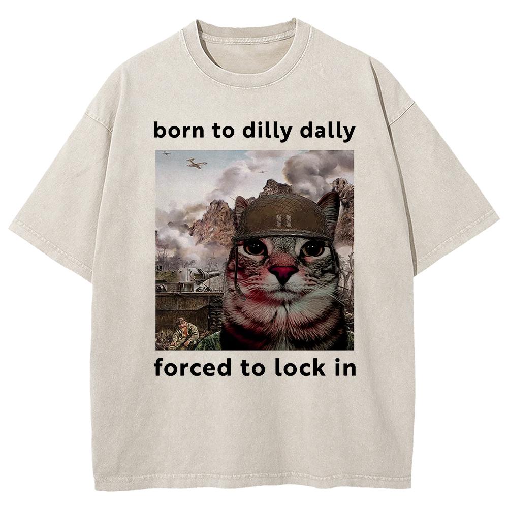 T-shirt i bomull Född att slöa Tvingad att fokusera Rolig kattmeme T-shirts Herr Dam T-shirt Oversize Mineraltvätt Toppar