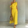 Robe longue décontractée ample à pois pour femme, une épaule, sans manches, avec détail de lien et taille élastique pour l'été