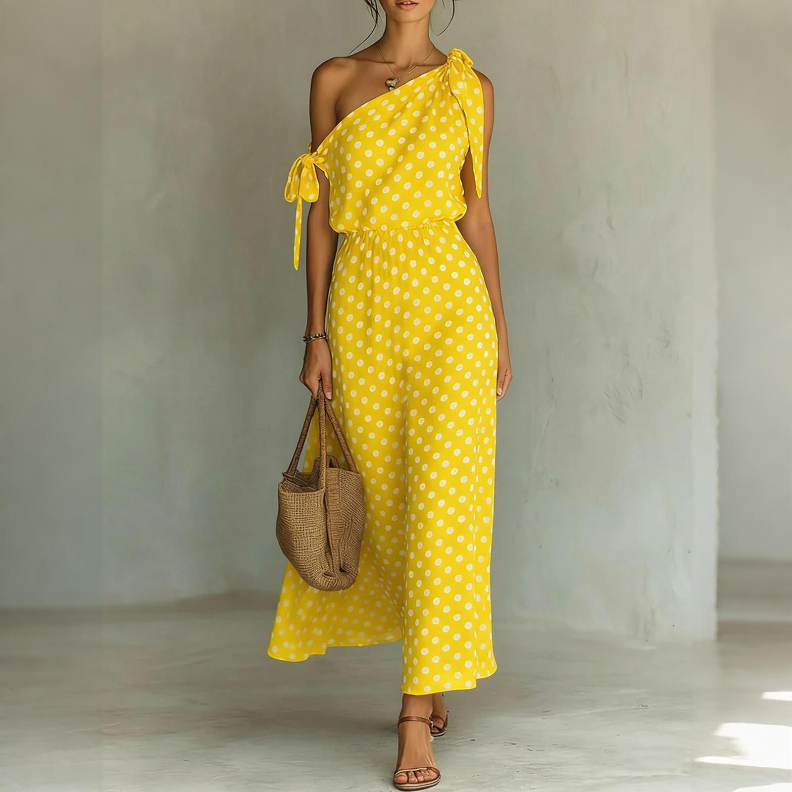 

Women One Shoulder Sleeveless Casual Loose Fit Polka Dot Print Maxi Dress with Tie Detail and Elastic Waist for Summer XXL