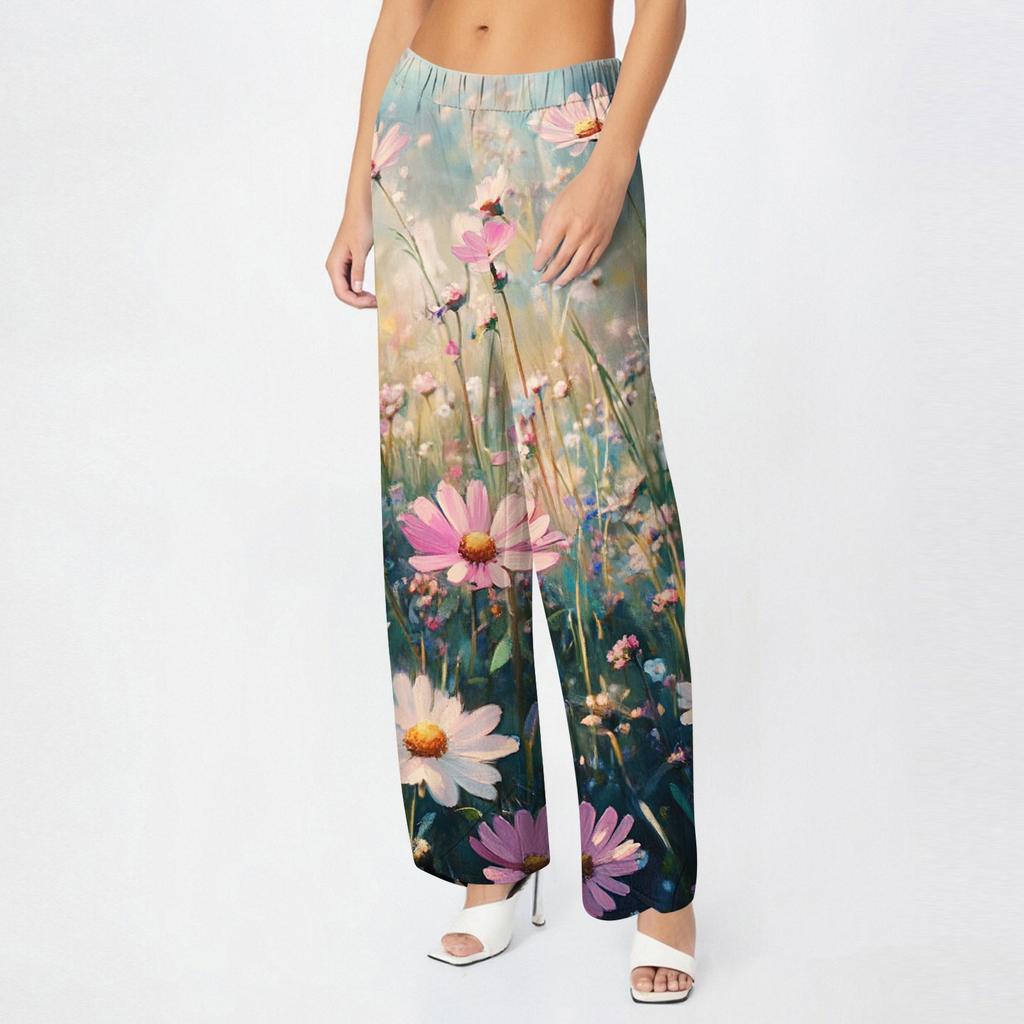 Pantaloni da donna estivi casual a gamba larga con elastico in vita e tasche