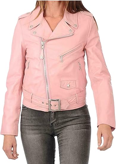 Giacca Elegante da Donna in Vera Pelle di Agnello Rosa Giacca Biker Motociclista Cappotto Cinturato