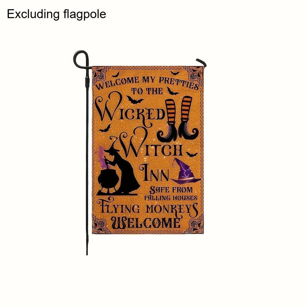 Halloween Garden Flag - Double-Sided  Welcome to the Wicked Witch Inn  Design with Bats, Cauldron & Flying Monkeys Garden Flag
