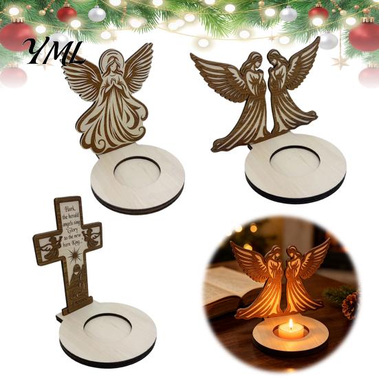 Stable Wooden Base Candle Holder, Praying Angel Tabletop Tealight Stand, Religious Poplar Plywood Ornaments Decorative Candlestick for Mantel, Dining