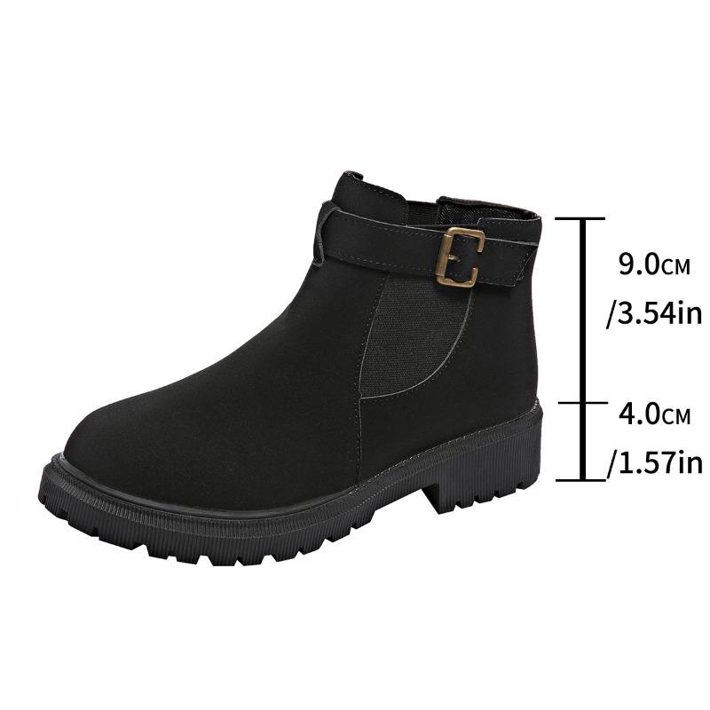 2024 Fashion Buckle Women's Boots Autumn Round Toe Solid Flock Short Barrel Shoes for Women Chunky Heels Large Size Naked Boots