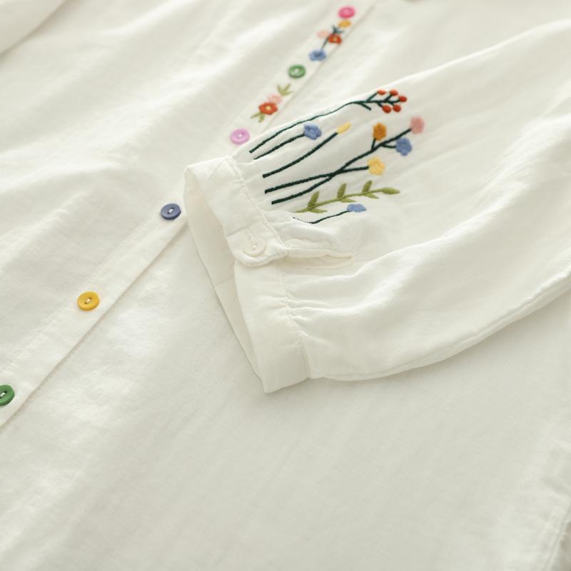 Artistic and fresh breathable cotton gauze turn-down collar short-sleeve shirt for women, casual summer double-layer gauze top