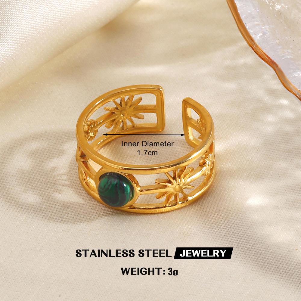 Stainless Steel Green Stone Rings for Women Men Vintage Geometric Metal Heart-Shaped Leaf Circular Open Ring Party Jewelry Gifts