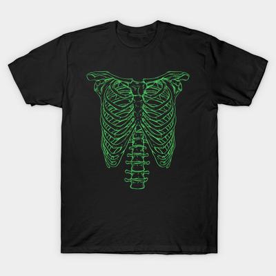 Men Black Print T-shirt Green Skeleton Rib Cage - Spinal Tap No-Cut Transfer Paper Print Cotton Tshirt