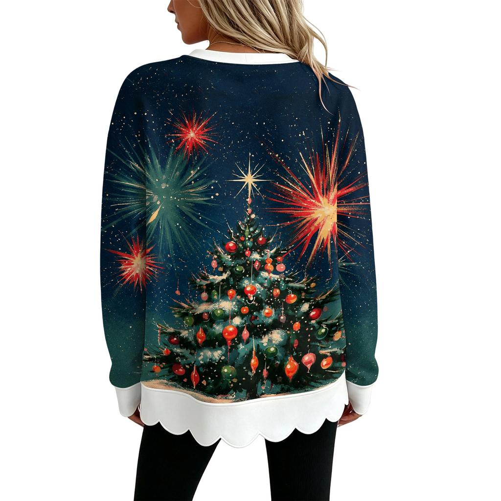 Women's Christmas Print Crewneck Sweatshirt with Scalloped Wavy Hem for Holiday Casual Wear