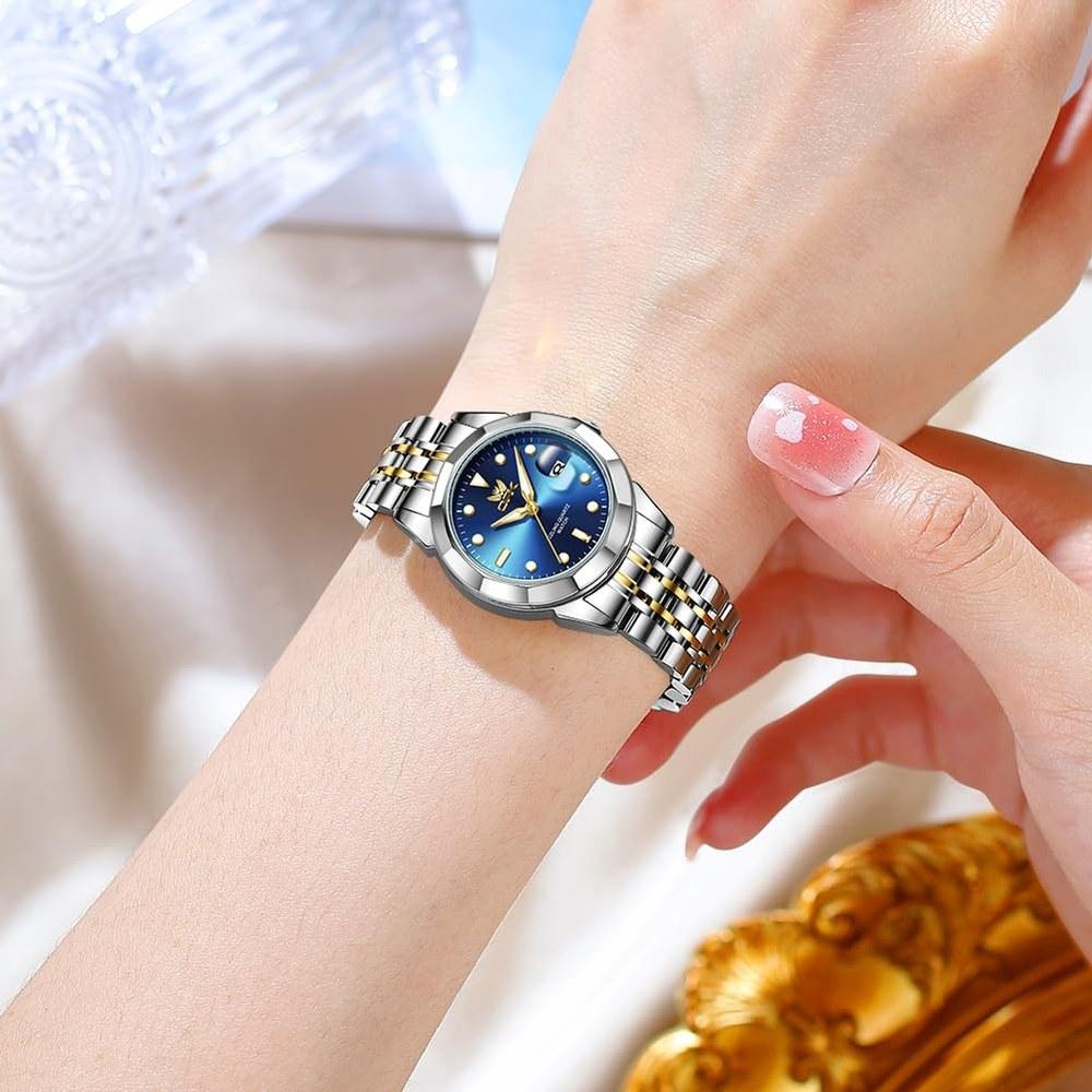 OPK Ladies Quartz Wristwatch Fashion Casual Elegant Lightweight Waterproof Luminous Stainless Steel Band Blue Gold Women