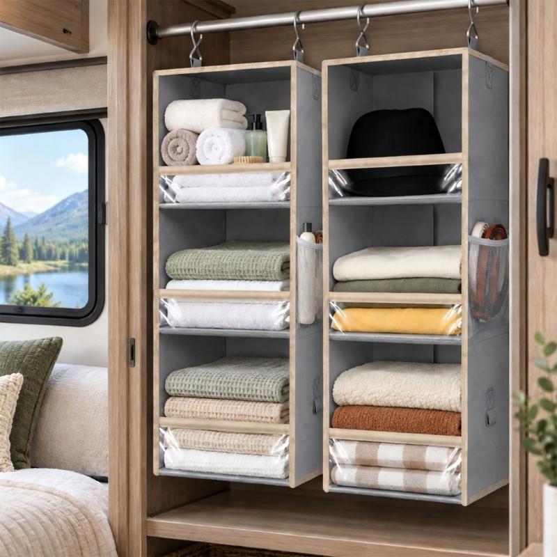 Foldable Hanging Closet Organizers Shelves in Nonwoven Fabric with 3 Storage Levels and a Side Pocket for Small Accessories