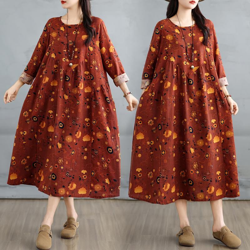 DIMANAF 2025 Kobiety Plus Size Wiosenna Długa Sukienka Luźna Podstawowa z Nadrukiem Vintage Casual Kwiatowa Oversize Długi Rękaw Maxi
