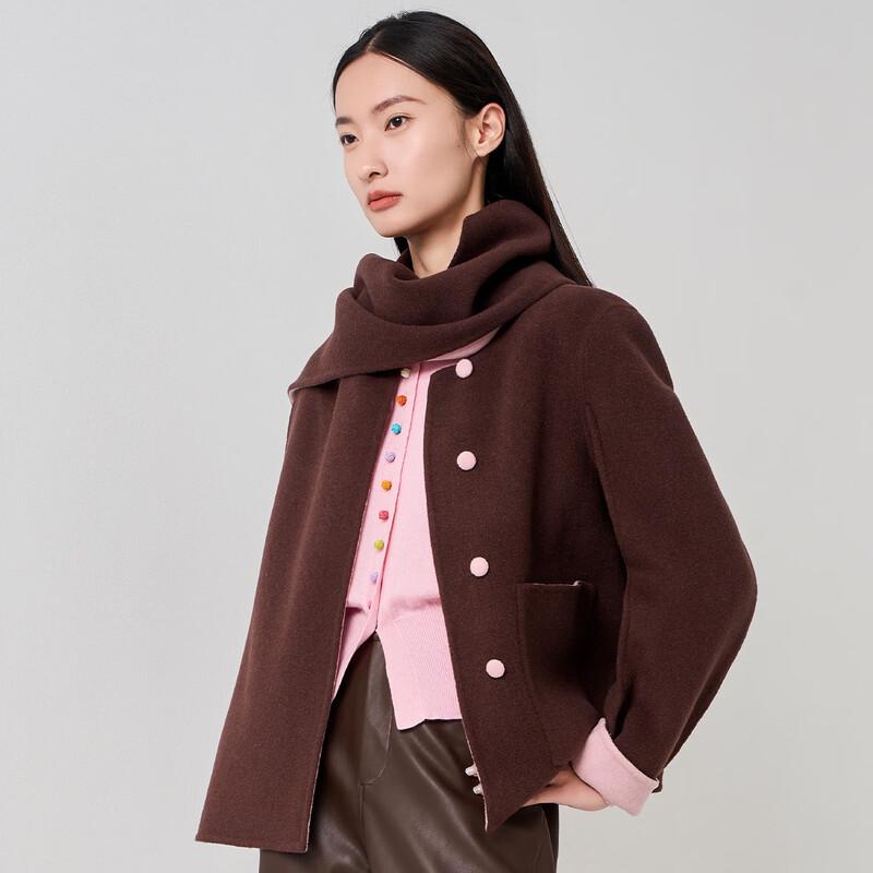 Iveni AEOE752 Scarf Collar Double-Faced Wool Short Coat