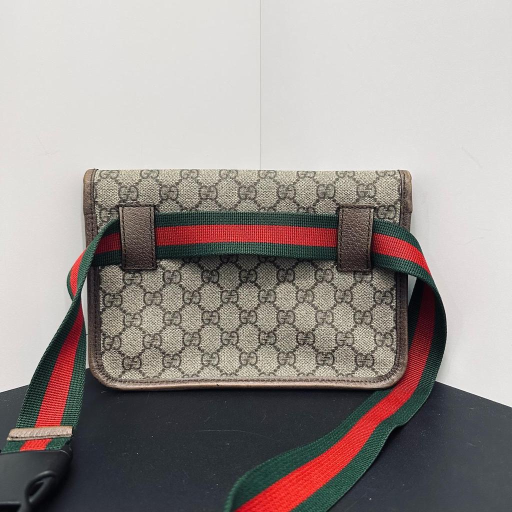 [Pre-Owned] Neo Vintage Series Gold Foil Logo Monogram Tiger Head Decorative Striped Shoulder Strap Canvas And Leather Messenger - Very Good #1T1XW3R