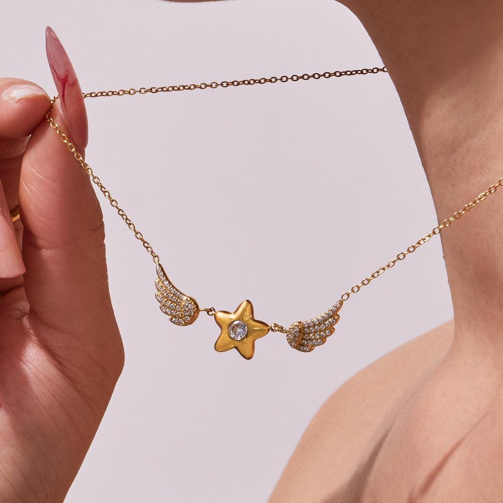 18K Gold Plated Stainless Steel Zircon Star Wings Necklace