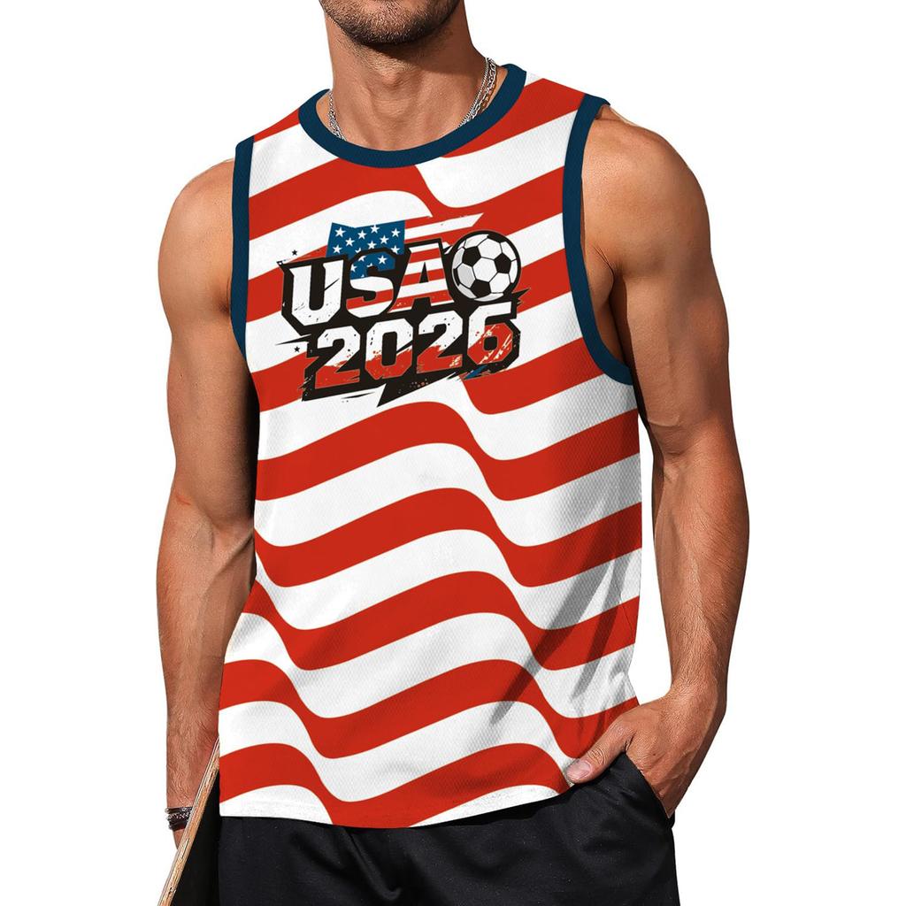 Men’s Sleeveless Crew Neck Tank Top with Soccer Print and USA 2026 Lettering for Outdoor Sports and Casual Wear