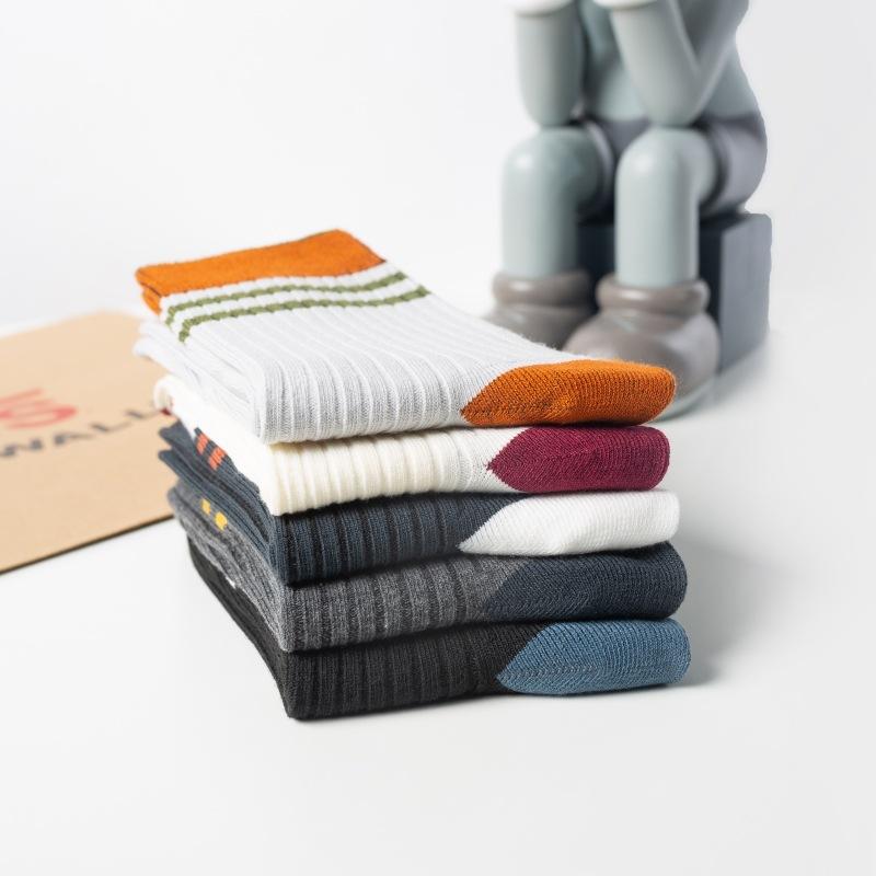 Men'S Color Matching Double-Needle Socks Thickened Warm Mid-Tube Cotton Socks Japanese Trendy Men'S Socks Zhuji