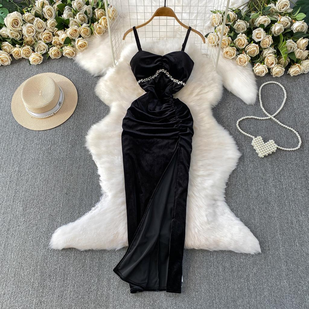 Dinner Dress Women's Autumn and Winter Premium Sense Velvet with Chest Pad Suspender Skirt Diamond Waist Elegant Split Dress