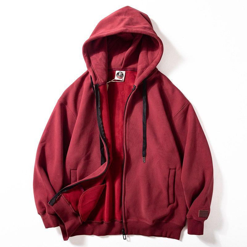 Men's 450g Heavyweight Fleece American Retro Cardigan Jacket Couple's Fleece-Lined Warm Casual Hooded Sweatshirt