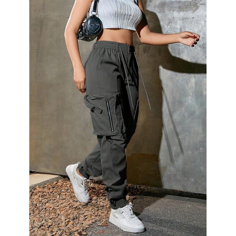 Damen High Waist Cargo-Hose Mehrere Taschen Reißverschluss Lässig Streetwear Jogginghose